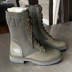 Fendi croc print khaki green boot bootie biker military combat boots sz 37.5